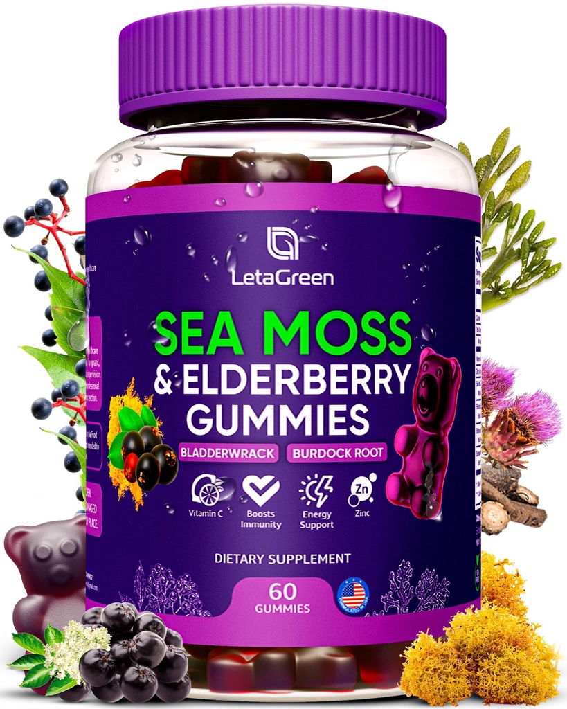 爱尔兰海 Moss Gummys – Bladderwrack Burdock 根长莓维生素C & Zinc – 60 Vegan Seamoss Gummy Bears for 成年儿童 男子 女子 – 多矿种长莓维生素