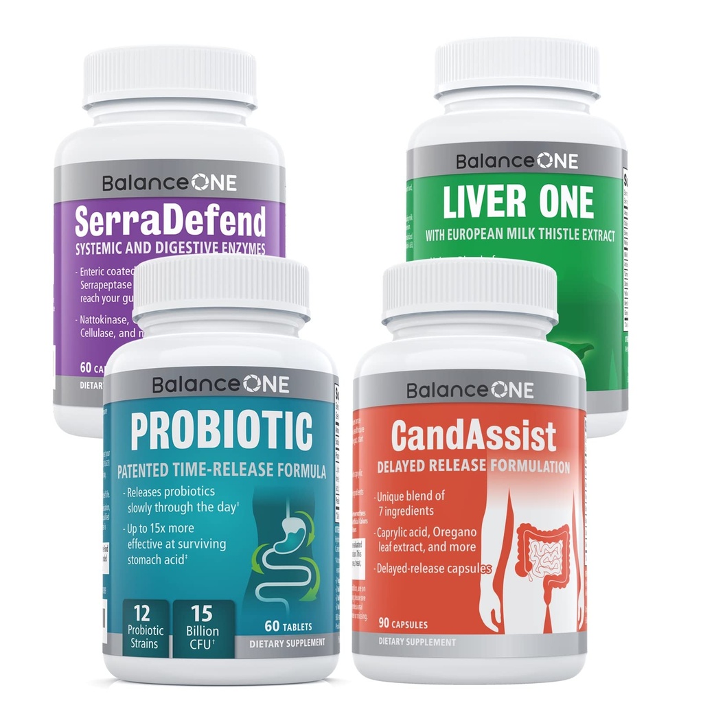 平衡 1 4-in-1 Bundle + Probiotic, CandAssist, liver One, SerraDefend + 15亿 Probiotic + 15亿 天然清洁 与 Caprylic Acid + liver 支持 牛奶 硝酸 + 系统酶 混合