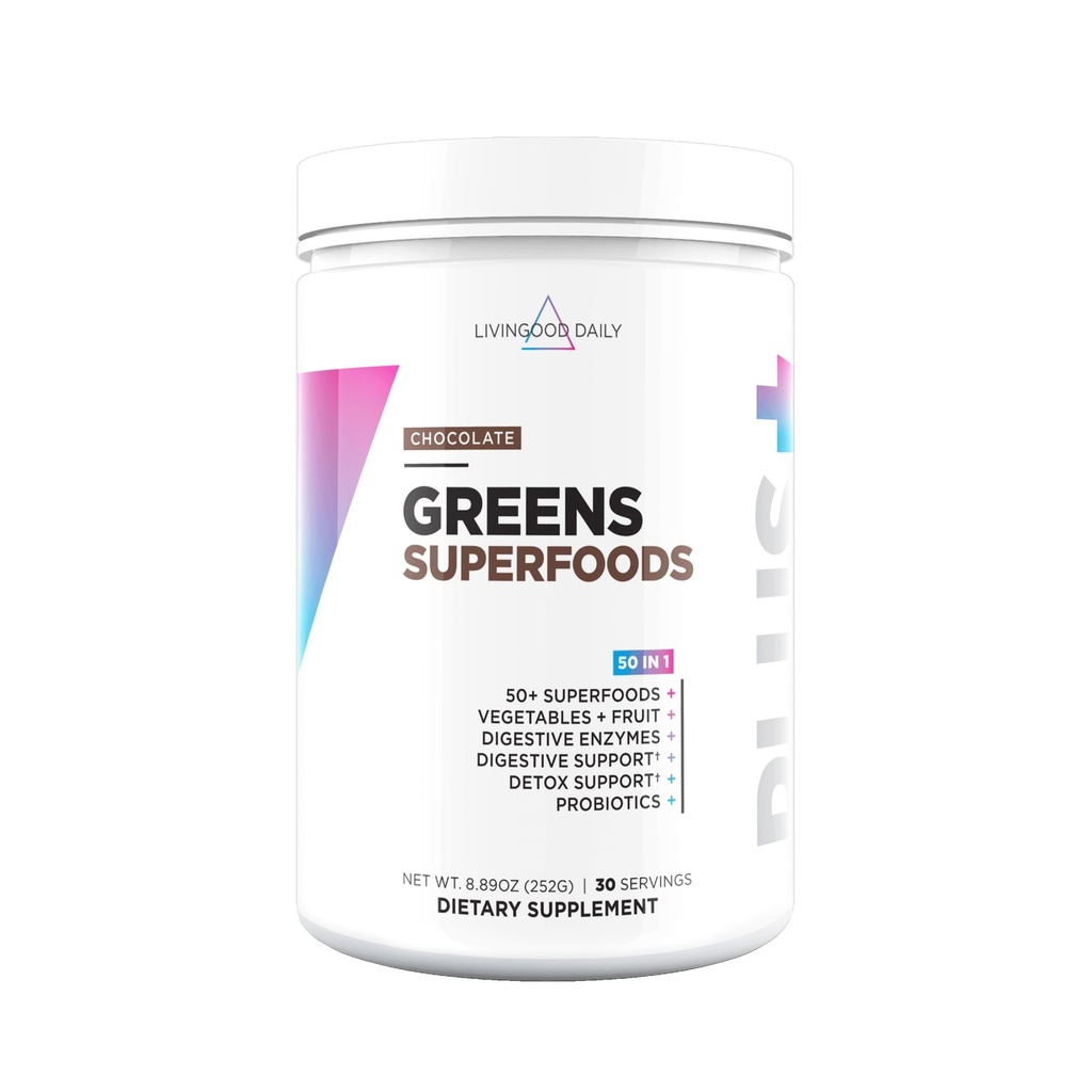 Livingood Daily Greens & Superfood Powder, 超级绿色促进古特健康, 绿色汁粉与螺旋藻,氯菌,以及消化酶, 消化支持的Probios, 巧克力, 30种服务