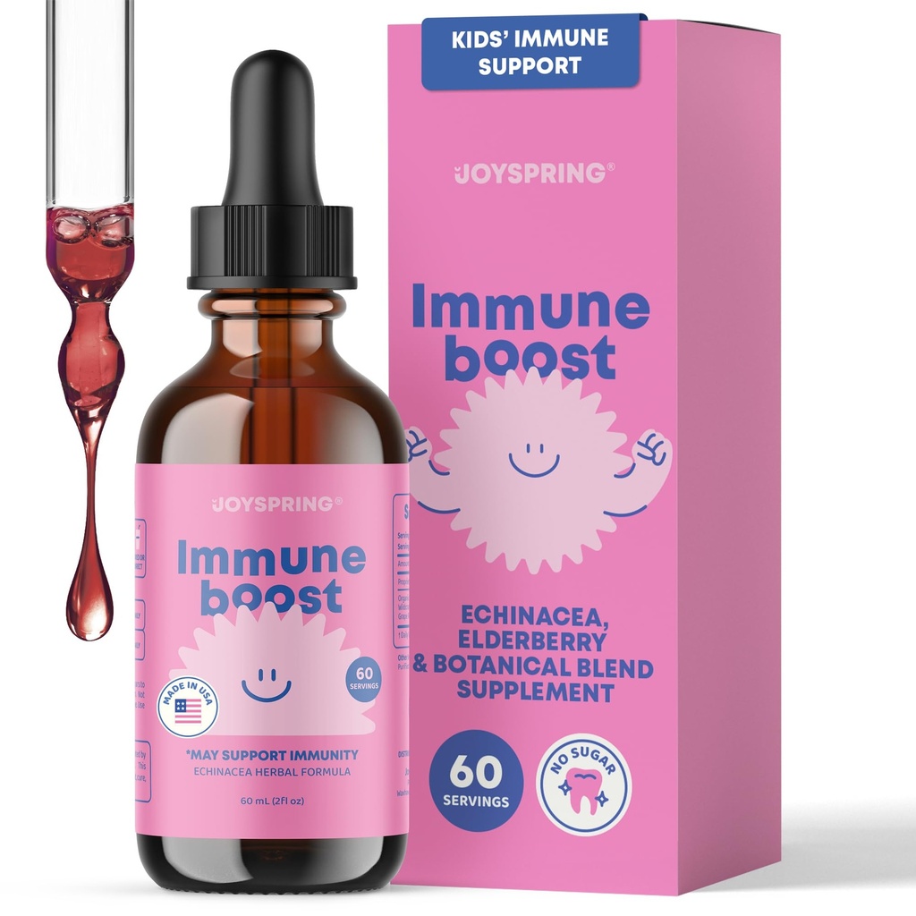 JoySpring Immune Drops - 儿童Immune支持液体补充(2 fl oz) - Echinacea, 老年莓, 俄勒冈葡萄根, 橘皮, 维生素A, B6, C - 儿童和成人自然支持系统