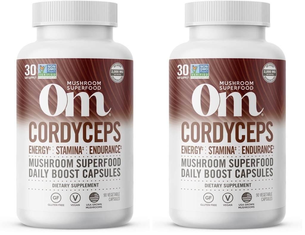Om Mushroom超级食品 Cordyceps Mushroom Cassules 超级食品补编,90 Counter,30天,能源,动力,Stamina和耐力支持,体育表现超级食品补编(Pack of 2)