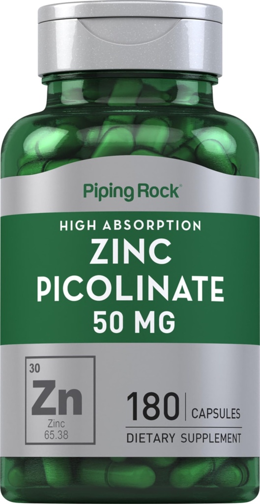 Piping Rock Zinc Piclinic 50mg | 180 Capsules | 非GMO, Gluten 免费补编