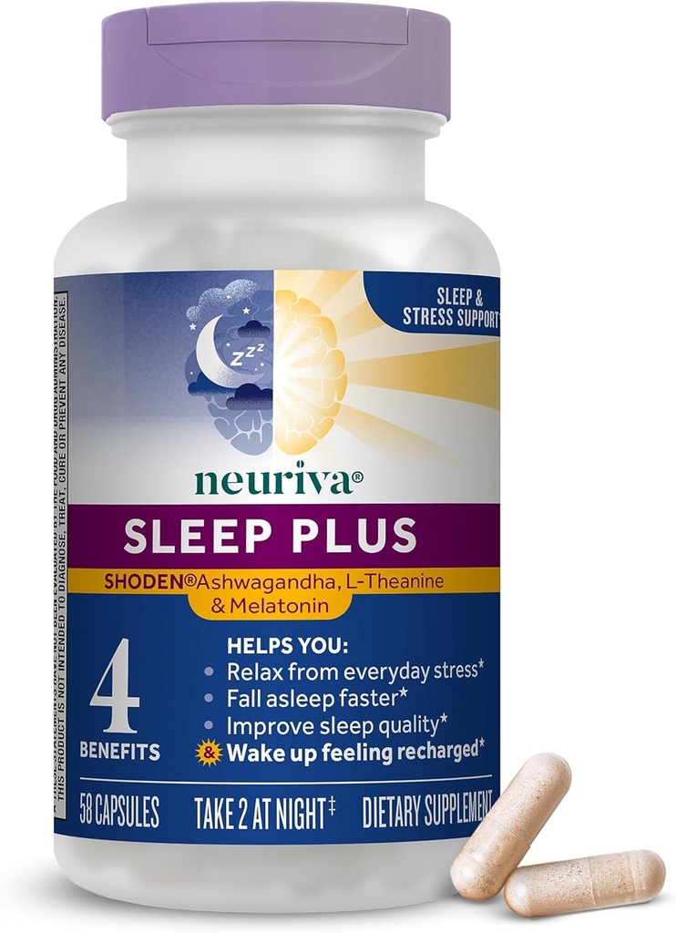 NEURIVA Sleep Plus with 4-in-1 福利 - 临床测试 Ashwagandha, L-Theanine & Melatonin - 减轻压力,更快地入睡,提高睡眠质量,重新醒悟 *,58ct Capsules