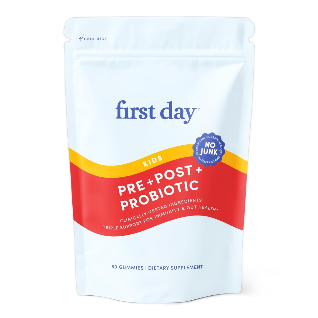 First Day Kids Probiotic Gummys - 3 in 1 for Kids + Prebiotic & Postbiotic - Prebiotic & Probiotics - 育婴健康与免疫支持 - Vegan, Gluten Free, 30日供应