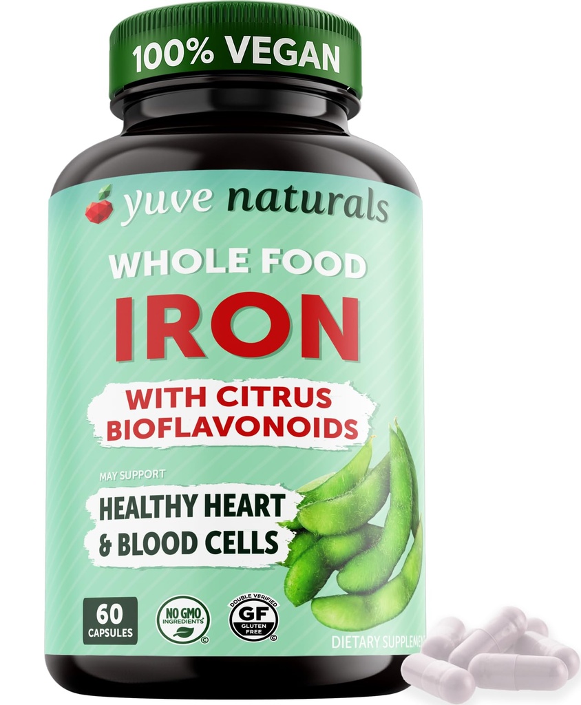 Yuve 100% Vegan 全食品 Chelated Iron Supplement 18mg — 无味,非便秘,胃上温柔,能源支持 — Gluten-Free, Non-GMO, 60 Capsules