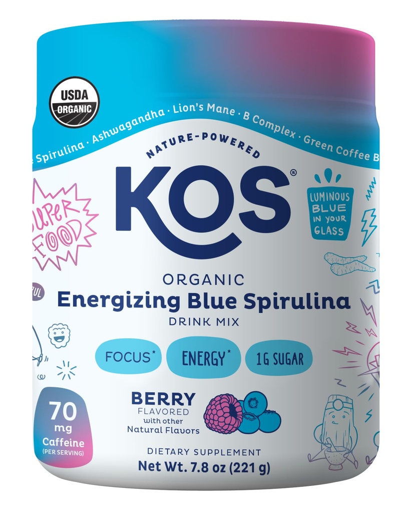 KOS 增强蓝色螺旋藻混合物的能量 - USDA 认证有机体 - B 维生素, Ashwagandha, Ginseng, 适应物, Biotin - Vegan Pre Workingout Powder - Cafeated, Berry Flavored, 28 services