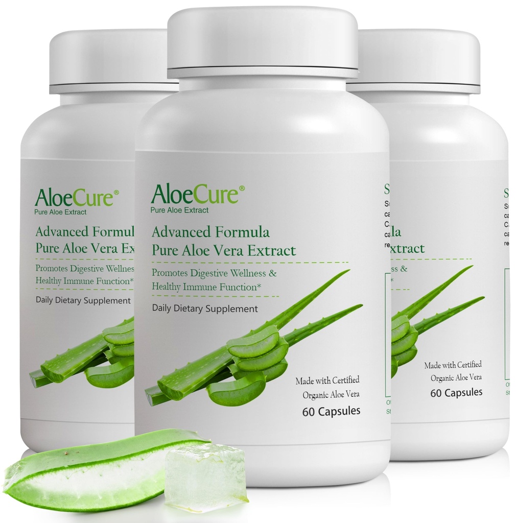 AloeCure Organical Aloe Vera Capsules, 160000mg 内阿卢叶等效, 支持 Gut, 消化, & Immune健康, 帮助保持平衡胃酸, Aloin Free, 60 Caps x 3Btl