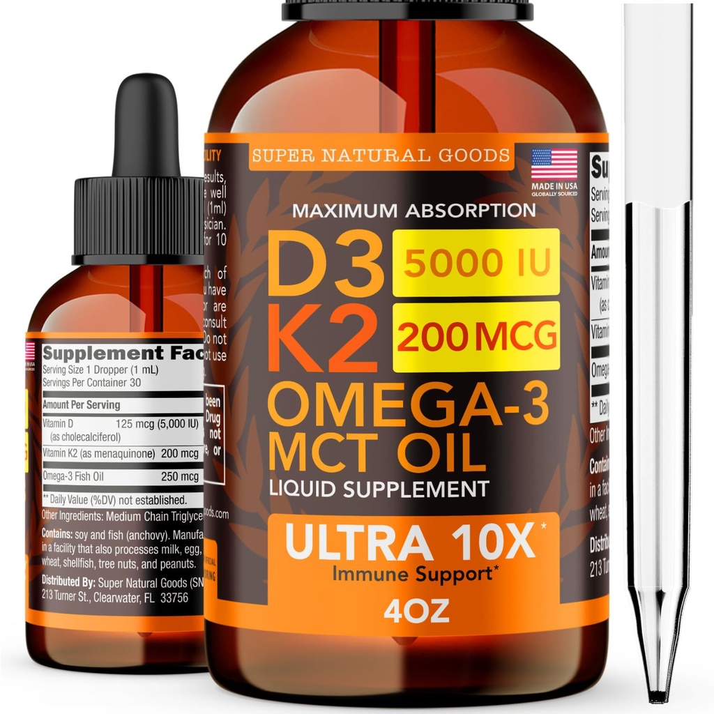 维生素D3 K2液体投放5000 IU(4oz) 最大强度维生素D,K,MCT Oil & Omega 3 Bone, Heart, Joint, Muscle Support 补充. 快速吸收公式 1 复合公式中的 4 非GMO