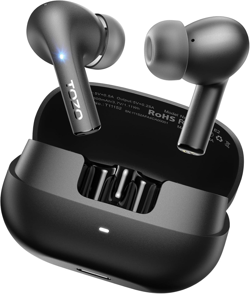 TOZO E2 无线耳机 10mm 驱动程序 配有强大的贝斯, App 自定义 32 EQ, 配有 2 Mics AI Call噪声取消, 30H Playtime, Bluetooth 5.3 Ear Buds, 适中耳耳机