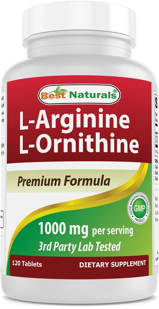 Best Naturals L-Arginine L-Ornithine - 每役1000mg - 120块牌匾 - 非GMO & Gluten Free(120个数(一包))