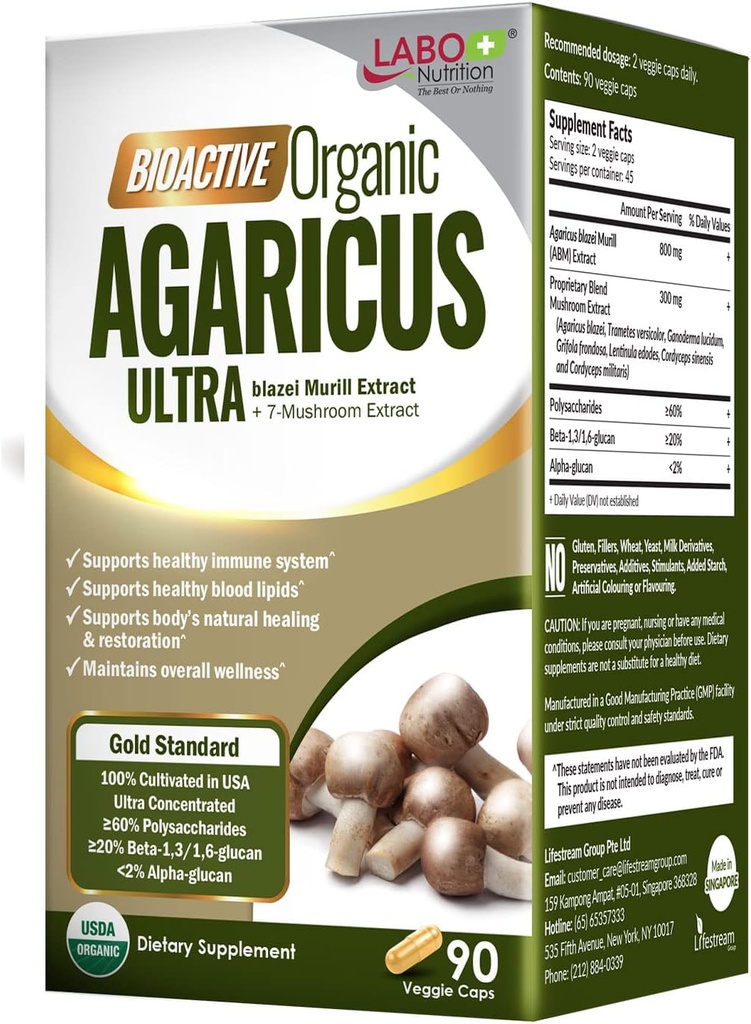 LABO 营养 生物活性 有机体 Agaricus Ultra - 7 蘑菇提取 补充 Agaricus Blazei Murill Cordyceps, Maitake, Turkish Tail, Lingzhi, Shiitake for AddA Official Immune Supports, USDA Official