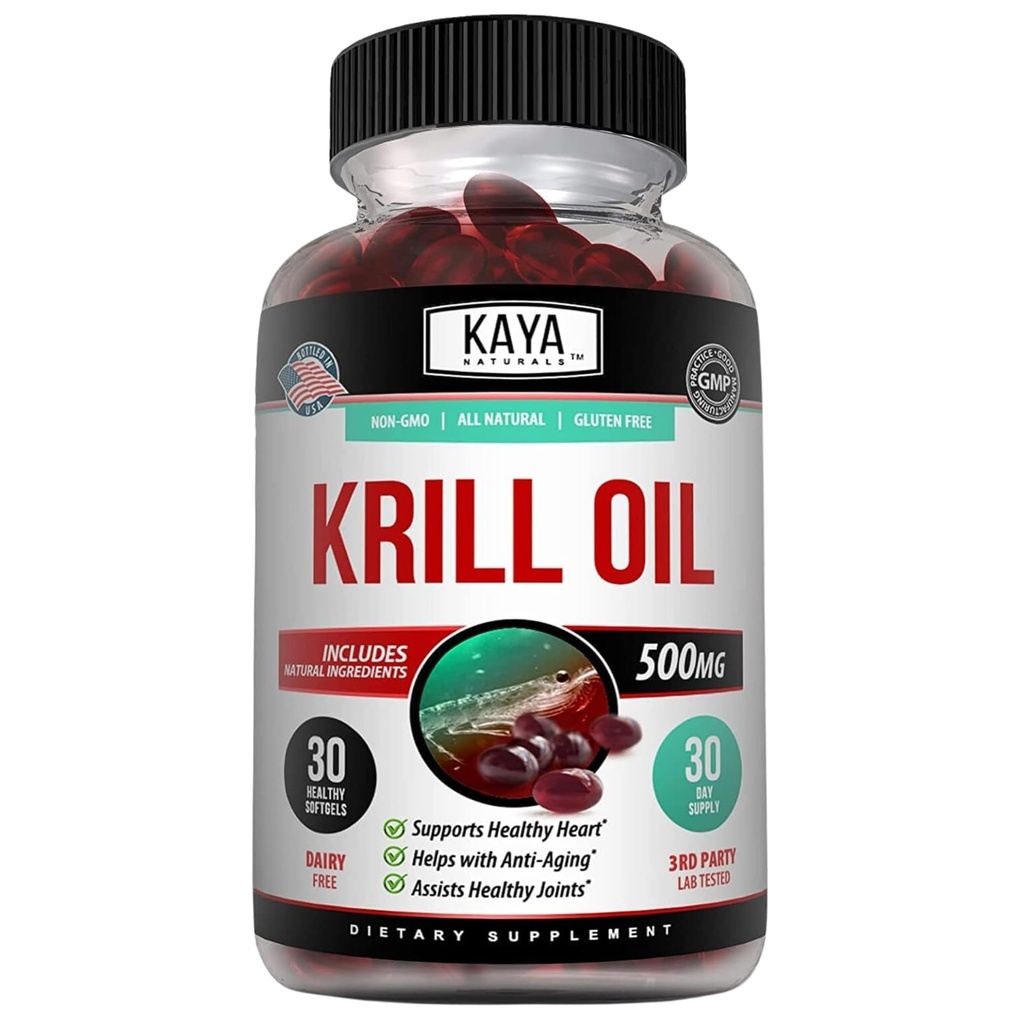 Kaya Naturals - 南极克里尔石油500mg 配Omega 3, EPA, DHA, Phospolipids & Astaxanthin 补充 - 大脑与健康维他命 - 抗衰老补充 - 30 Count Softgels