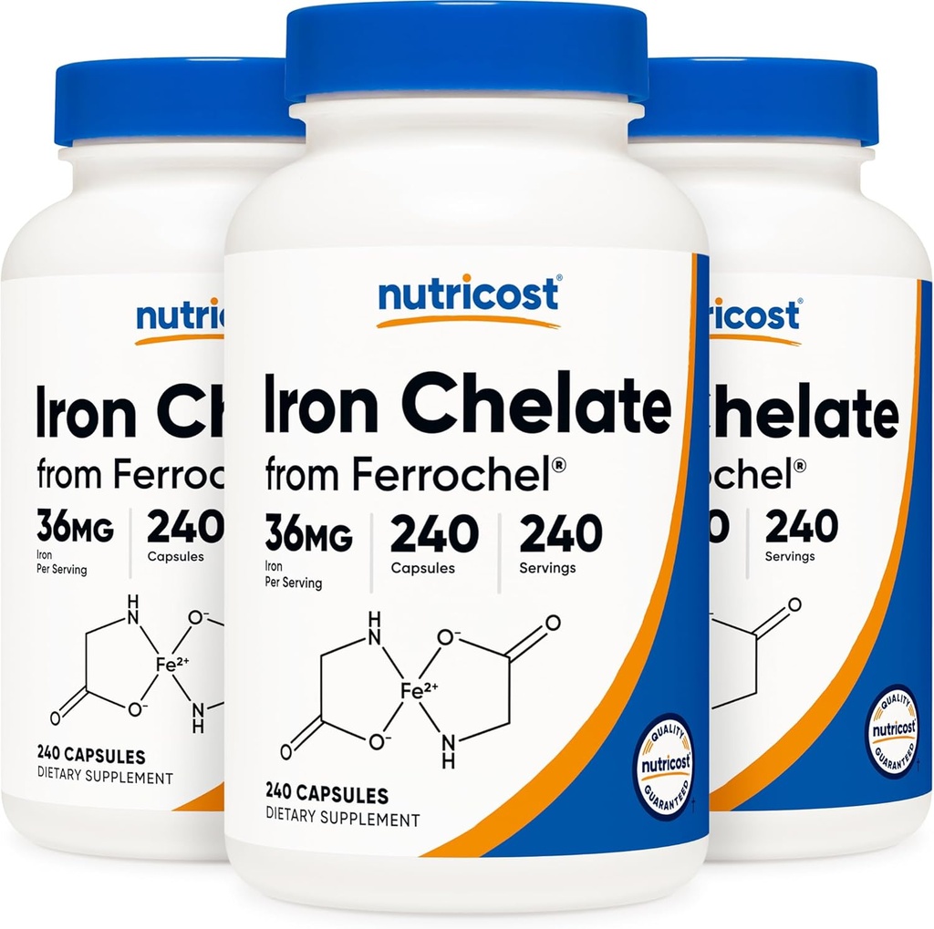 营养成本Chelated铁,作为Ferrochel,36mg,240 Capsules(3瓶)