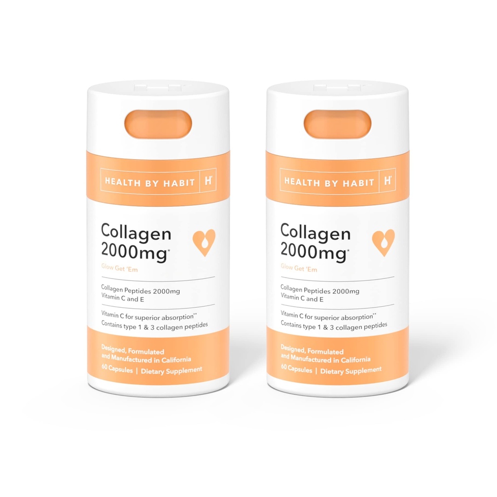 由Habit Collagen补充2 Pack(120 Capsules)-维生素C和维生素E,2000mg,Collagen Peptides,高级吸收,支持你的皮肤,非GMO,无糖(2 Pack)