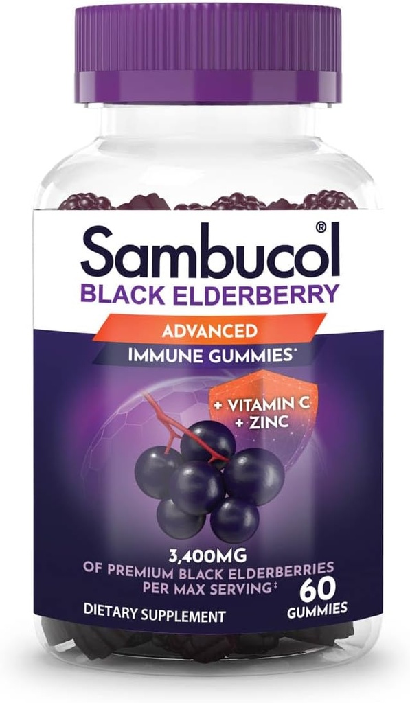 Sambucol 黑老莓果汁 - 为成年人配有锌和维生素C的老莓, Sambucus Gummys, Immune支助 - 60个