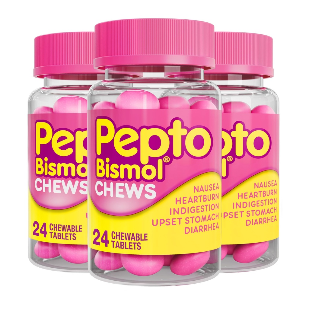 Pepto Bismol Chews,《快速有效的消化性救济,从恶心、心碎、消化不良、胃部不稳、腹泻,共计72(3包24)
