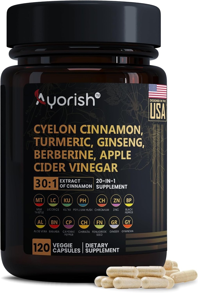 锡兰肉桂卡普尔30:1 提取到9000mg | Turmeric, Ginseng, Apple Cider Vinegar Berberine Plus Bitter Melon Gymnema, Kutki, Chirata 120 Veg Capsules – 60天供应