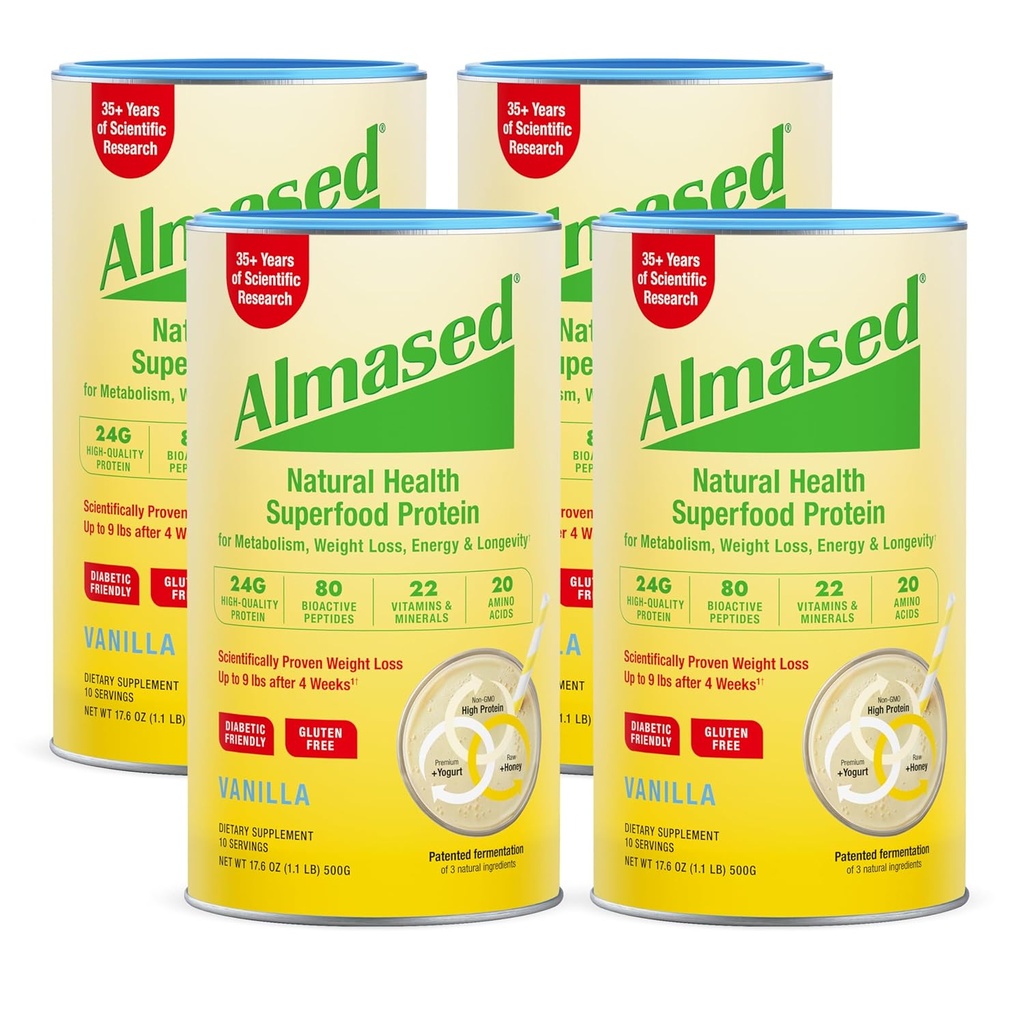 Almased Vanilla Meal 替代摇摆 - 低甘油高原植物基蛋白粉 - 营养体重健康支持补充剂 - Vanilla Flavor - 17.6 oz(1.1英镑(4包))