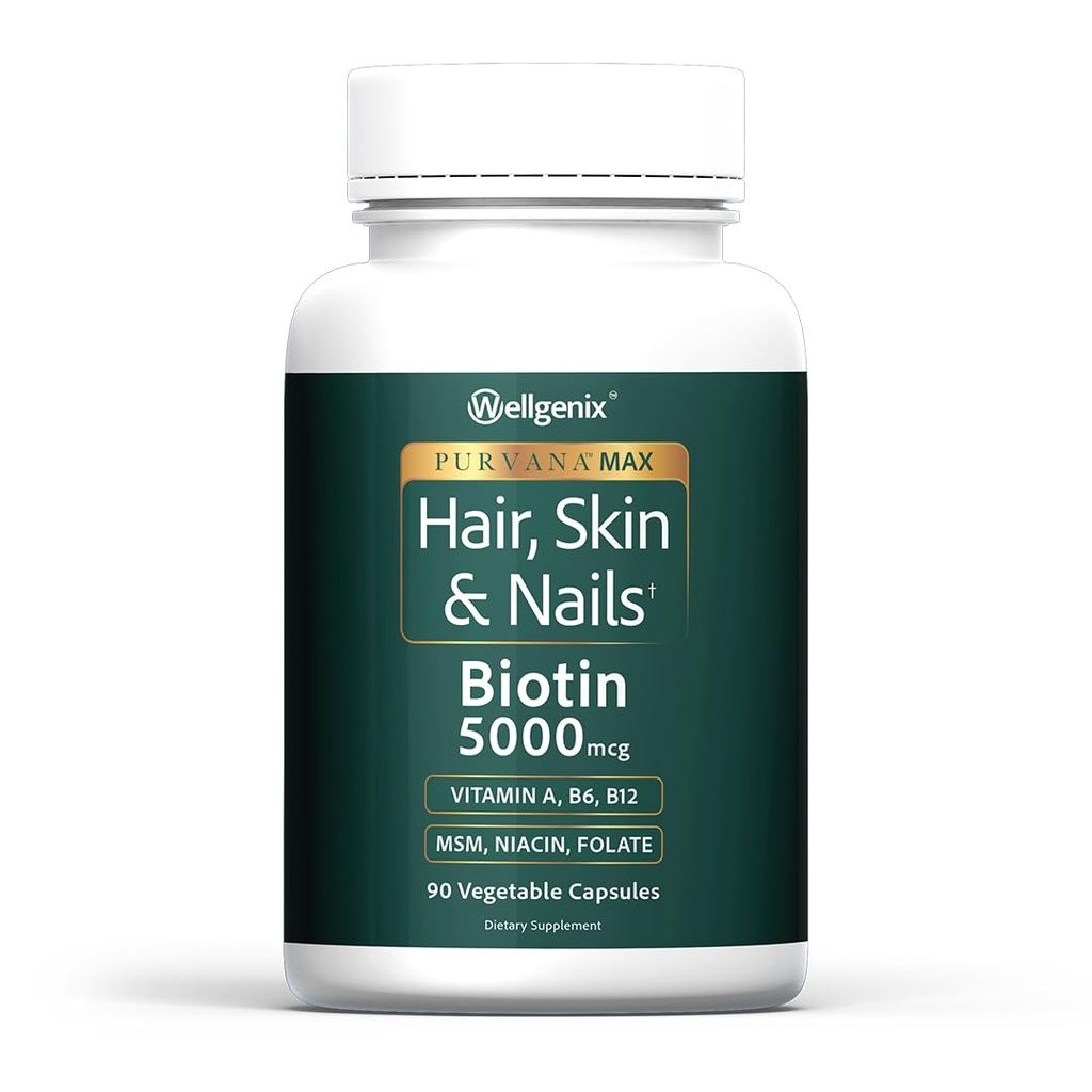 Wellgenix Purvana Max Hair, Skin & Nails Vitamin: 生物素 5000mcg 用于增强毛发生长,防止女性和男性头发丢失, Vegan, Post Partum & PCOS 理想, 90 Counter, pack of 1