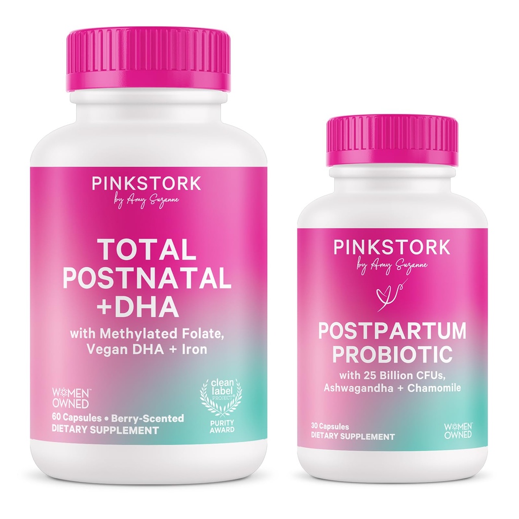 Pink Stork 产后多维他明+ 与Vegan DHA, Ashwagandha, 铁, Folate, B12 - 支持Hormone平衡,产后恢复,Gut Health, & Digestion - Pack of 2