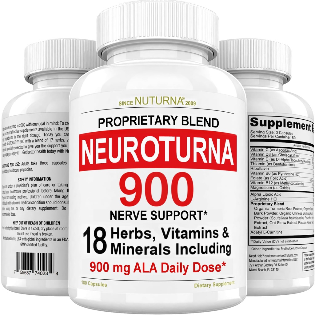 神经病支持 Nerve 补充900 mg纯Alpha Lipoic Acid - 最大强度公式,加强手指,手,脚的神经功能 - 最佳侧面救济支持 - 180 Capsules