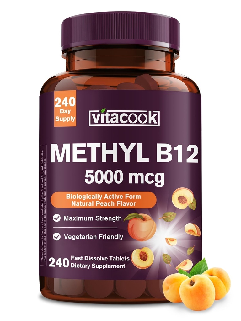 维生素B12 亚语、甲基Cobalamin 5000mcg 用于能源生产、能源、Nerve和细胞支持、天然桃花、Vegan、零糖、240个快速溶解片