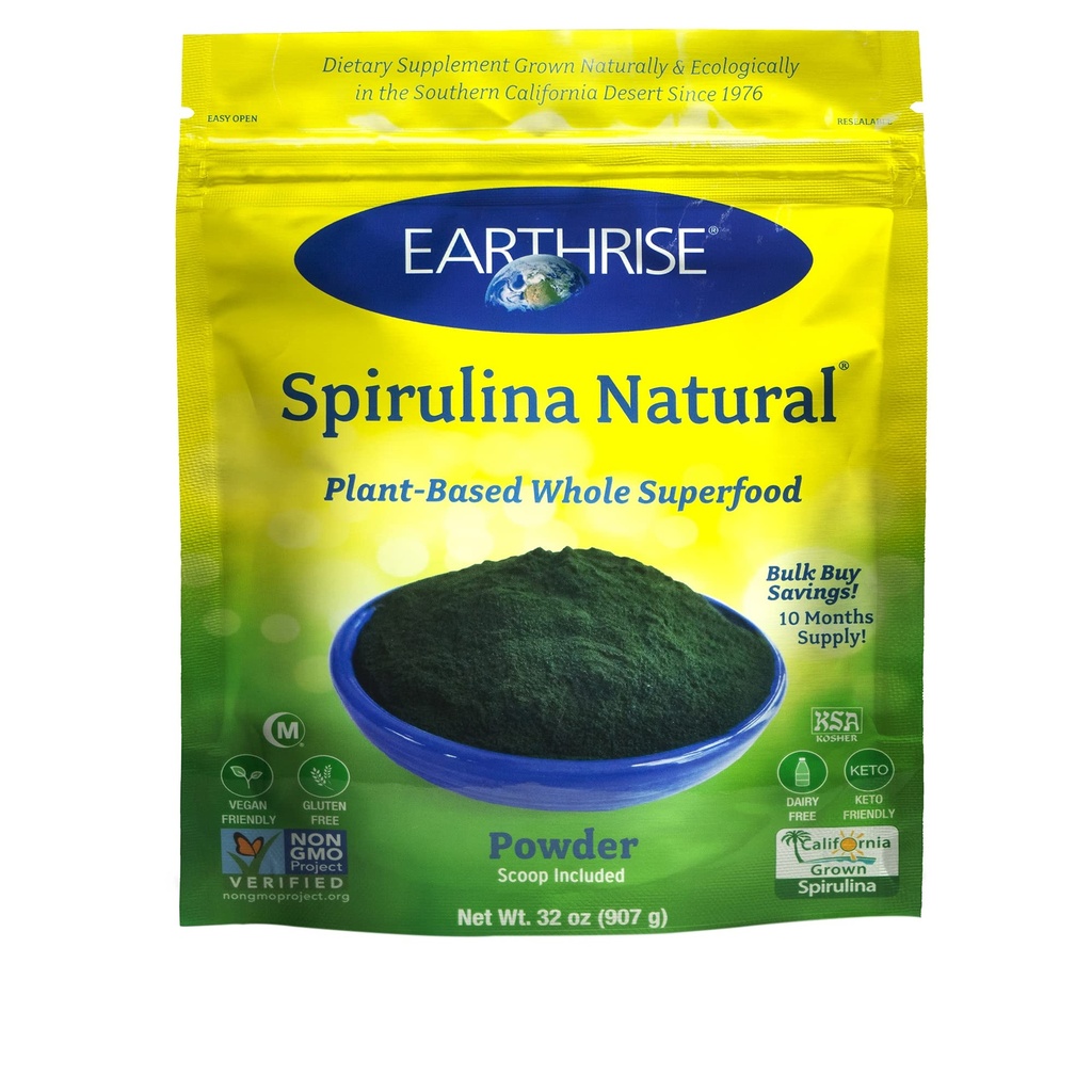 Earthrise Spirulina Natural Powder 32oz,来自加利福尼亚-维冈的天然螺旋柱,Gluten Free,Keto Frienders,Non-GMO 超级食品在维生素和矿物质中含量高. (2个LB)