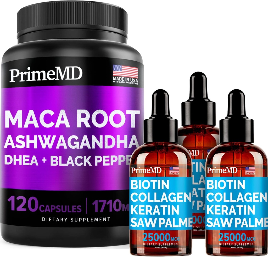 4-in-1 液态生物素 Collagen Keratin Saw Palmetto Drops(2 fl oz - 3 Pack) & 6-in-1 Maca Root Ashwagandha w Black Pepper Fruit(120厘米) Bundle - 头发、皮肤、钉子、能源和泥浆支助补编