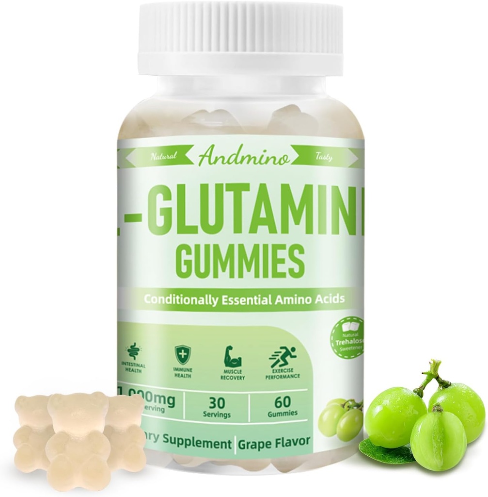 L-Glutamine Gummys 1000毫克,配有Trehalose,L Glutamine 补充支持肠道,Boost Immune & Muscle Health,面向成人和孩子,非GMO,Vegan,Gluten Free,Grape Flavor,60