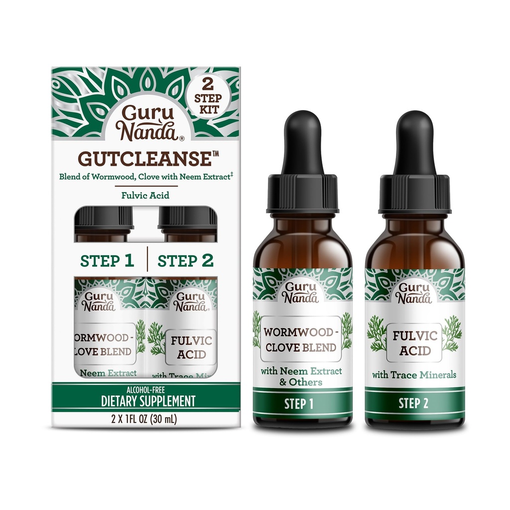 GuruNanda Gutcleanse 2-Step Kit - 帮助消化的饮食补充 - Fulvic酸的混合, Wormwood, Clove & Neem 提取, 2x1 FlOz
