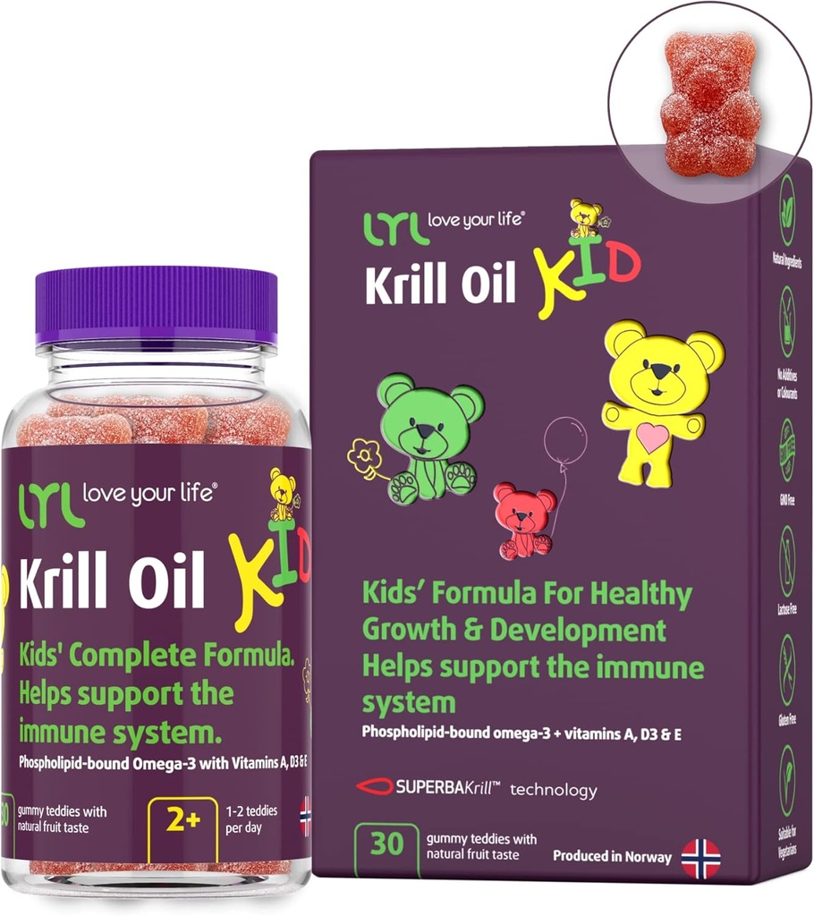 LYL KRIL 油小熊加维生素D 3,维生素E和维生素A-磷脂-Bond Omega 3促进健康成长与发展-Gummy 熊加橙,苹果和Raspberry Taste(30页)