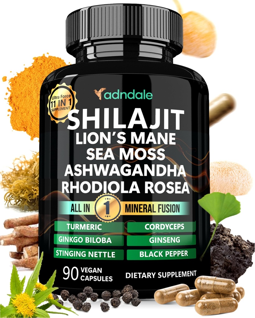 Adndale Shilajit 补编。 纯喜马拉雅岛男女有机物Shilajit,配有Sea Moss Ashwagandha Rhodiola Rosea Lion的马恩。