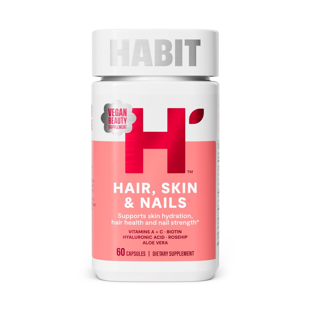 Habit hair, Skin & Nails Supplements (60 Capsules) - 新外观,支持皮肤水分, Hair & Nail strong, Biotin 2000mcg, 维生素A & C, Hyaluronic Acid, Rosehip, Vegan, 非GMO (1 Pack)