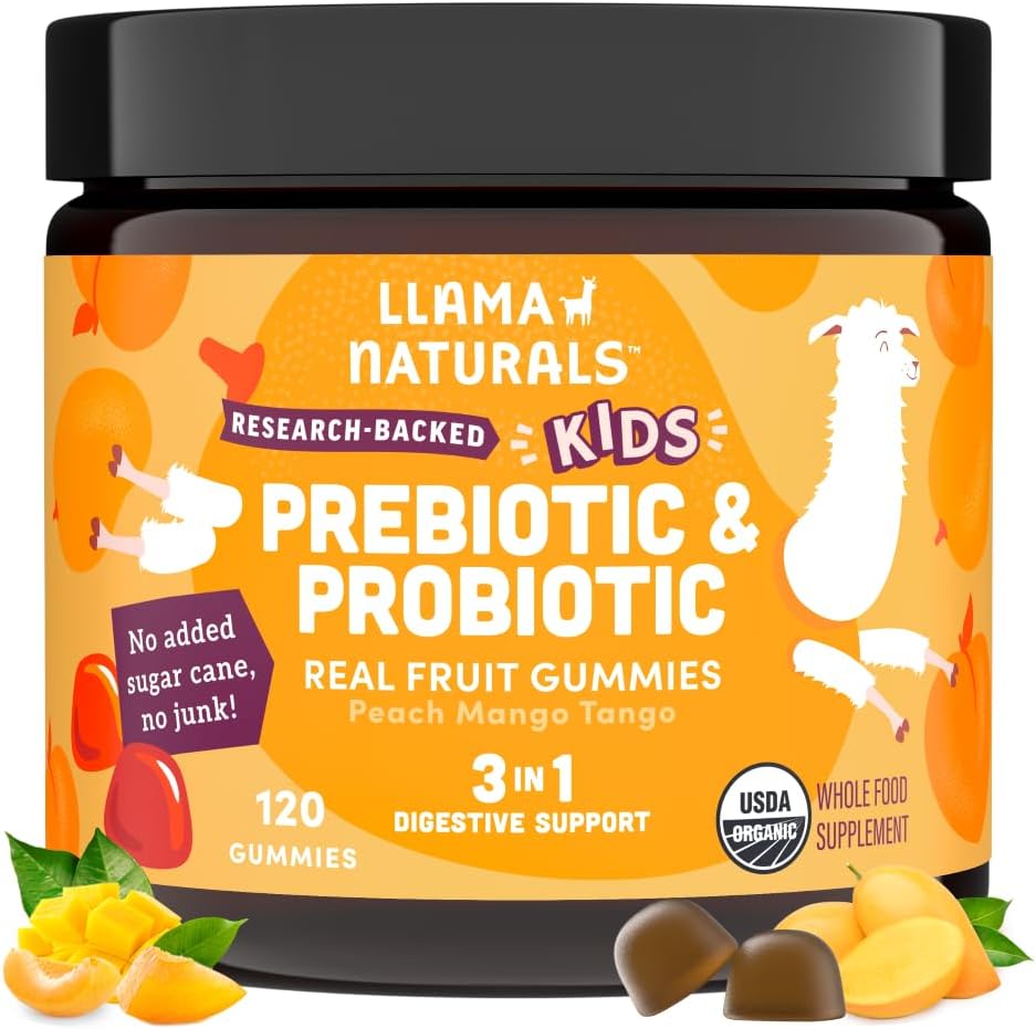 Llama Naturals Kids Probiotic with Prebiotic Fiber, Vegan, 有机先生药和辅生药 Gummys for Gut Health Support, Todler Real Fruit Gummy Vitamins, 无添加糖蔗,桃芒果, 120 Ct