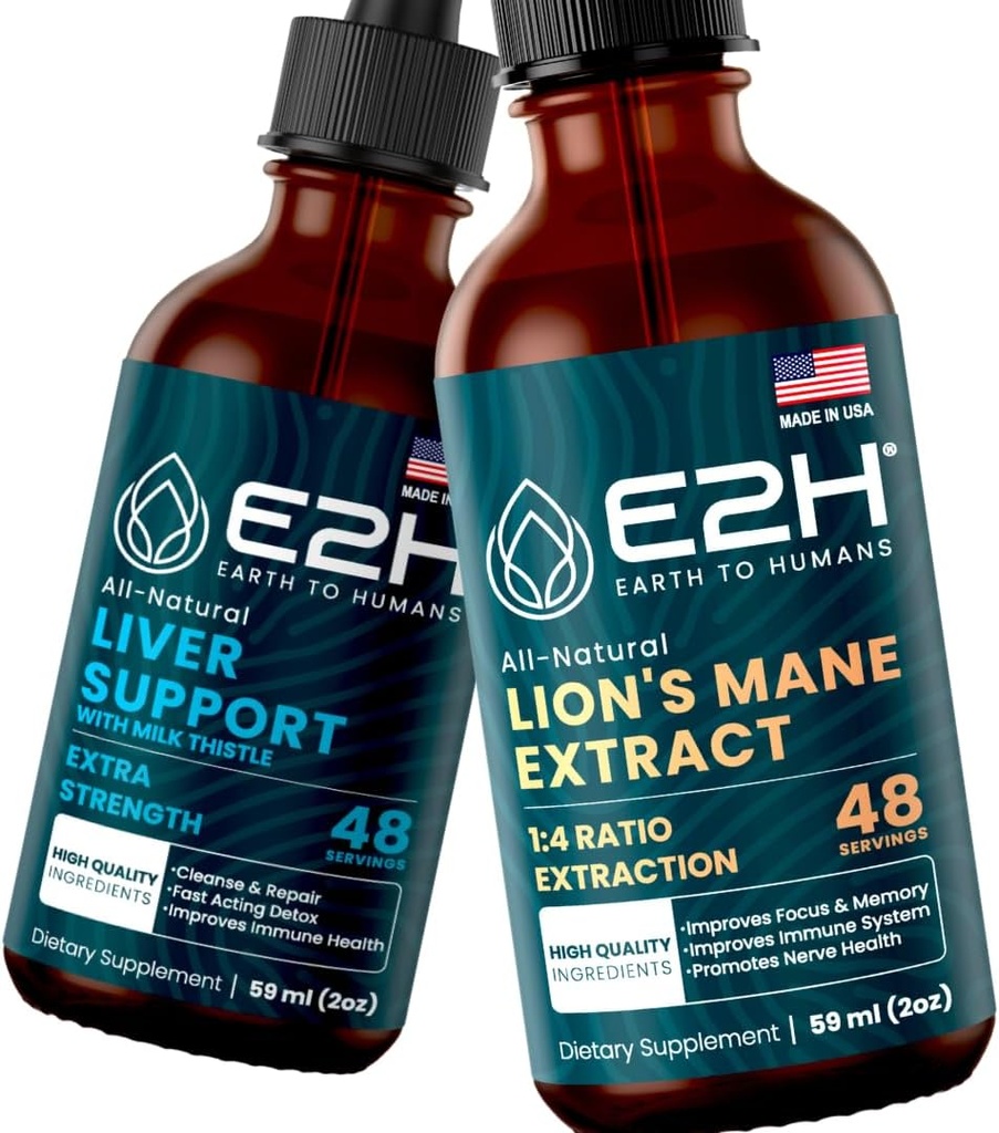 E2H:肝脏支持补充剂和Cordyceps蘑菇补充剂 | Vegan, Non-GMO - 2 Fl Oz Eache(共计4 Fl Oz) - Bundle