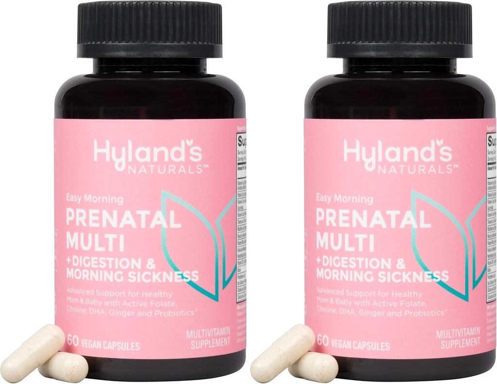 Hyland的"容易早产多维生素和消化性健康与早产疾病救济"(60 Vegan Capsules),配有福拉特,乔林,锌,姜根,先生素和藻类DHA(2包).