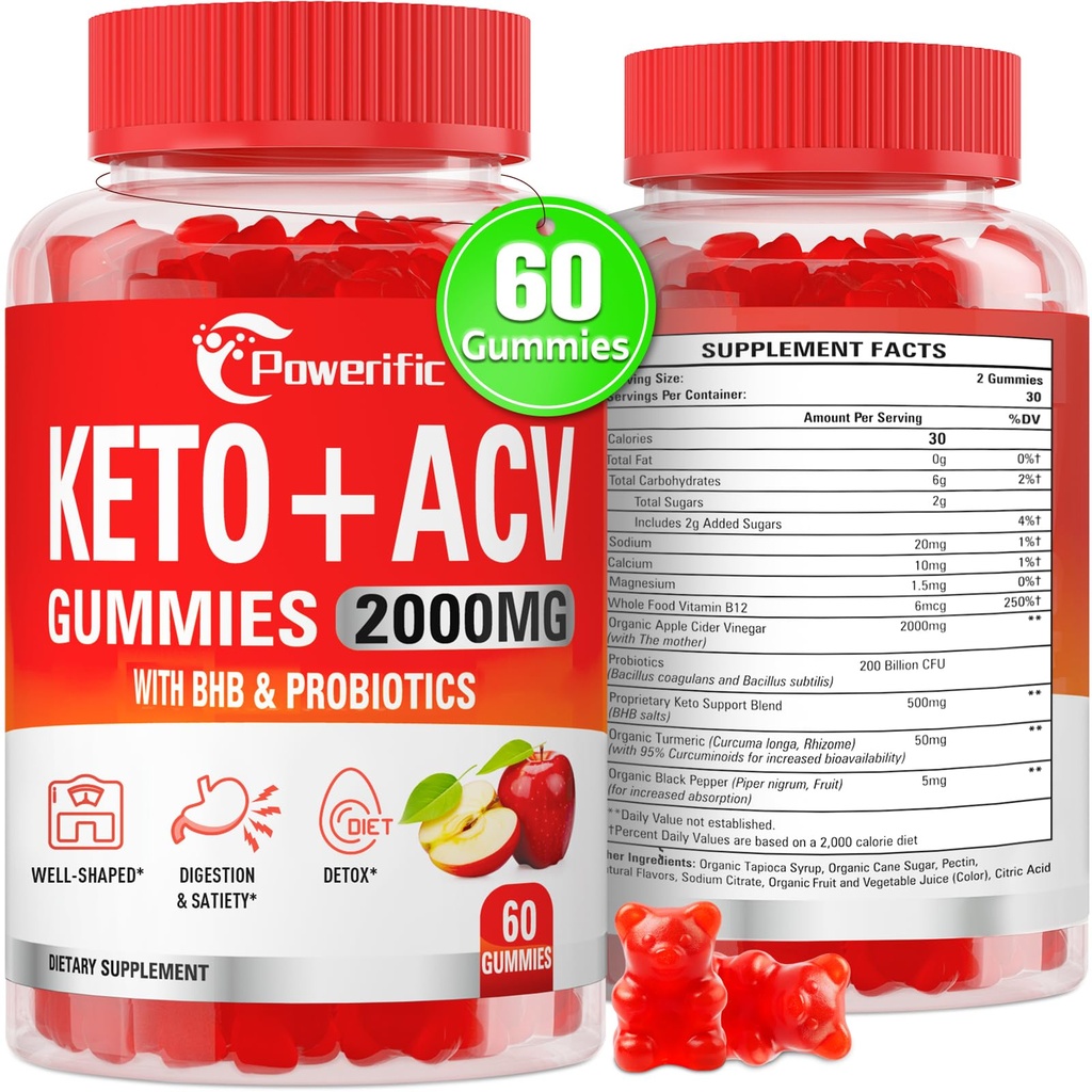 Apple Cider Vinegar Gummys, Keto ACV Gummys Max Trust 2000mg Apple Cider Vinegar with Mother, Probiotics & Vitamin B12, 用于消化,代谢, 清洁和解毒饮食, 60 Counter