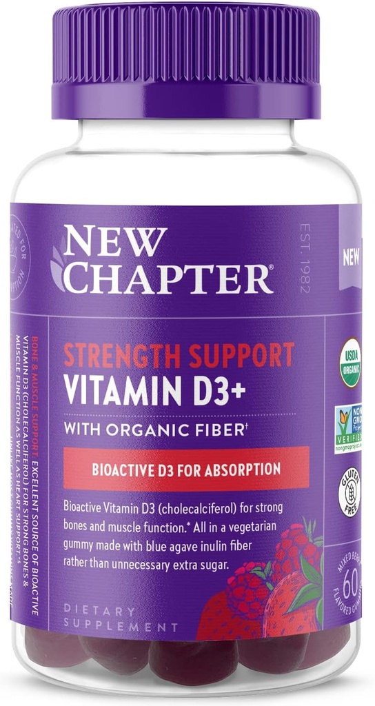 新章节 有机维生素D3+Gummys – 52%减糖§,1000 IU USDA 有机维生素D,One Daily Gummy for Structive Bones & Muscle 函数,非GMO,Gluten Free,Mixed Berry Flawared, 60ct