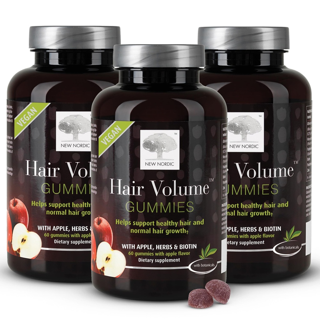 新NORDIC 头发卷古米,2500 mcg Biotin, 每日头发维生素补充 支持头发皮肤和钉子, Vegan, 60 Counter (Pack of 3)
