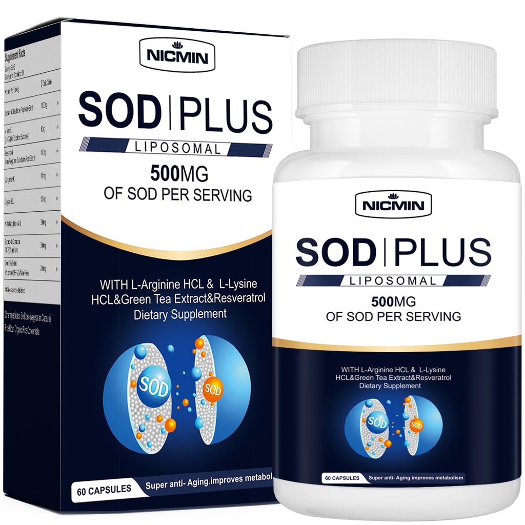 超氧化物分离酶补充500mg - SOD 加上唇膏、AKG、绿茶提取剂、L-Arginine、Lysine、Resveratrol和维生素E用于免疫支持、抗氧化剂60卡普勒