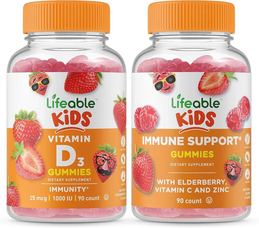 活生生的维生素D儿童+免疫支持儿童,Gummys Bundle - Great Tasting,维生素补充,Gluten Free, GMO Free, Chewable Gummy (英语).