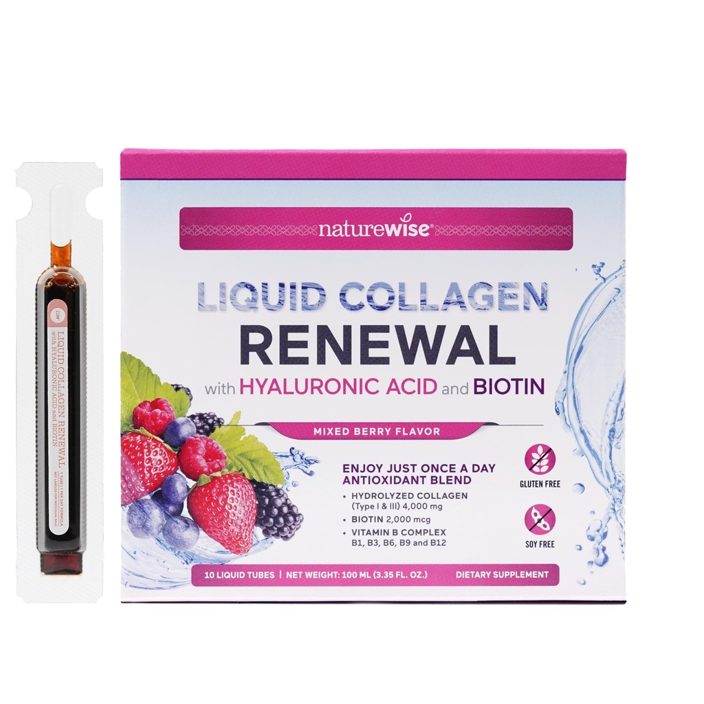 NatureWise Hydroized Liquid Collagen for Women and Men 4000mg - 高吸收,1型和3型Peptides配有Biotin + Vitamin C + Vitamin B 复合体和Hyaluronic Acid - Mixed Berry - 10 Tubes [10天供应]