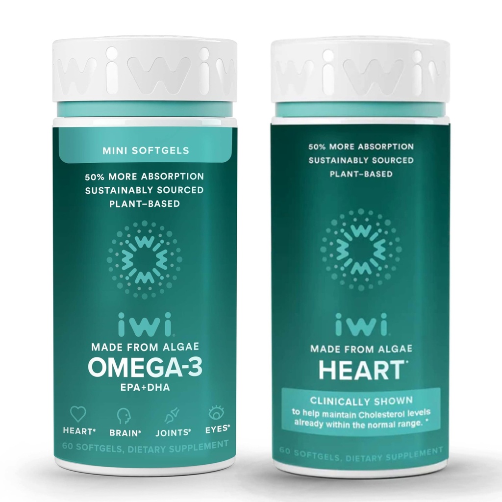 Iwi Omega-3 Minis & Heart Omega-3 Bundle, 30名服务员, Vegan 厂制藻类 Omega 3, Krill & Fish 石油替代品, 无鱼味余料