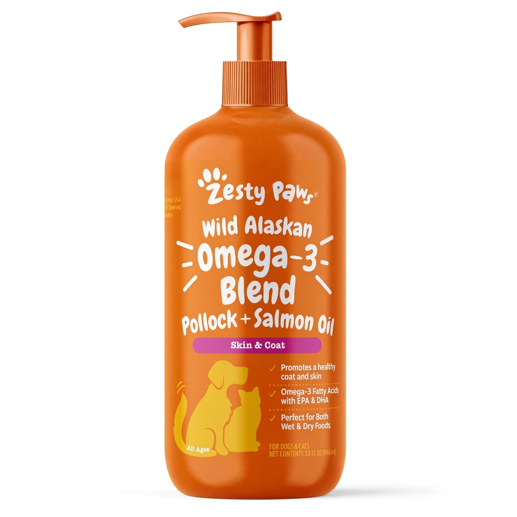 Zesty Paws 野生阿拉斯加Omega-3 Blend Pollock + 沙门油用于狗和猫-皮肤和煤炭支持,Omega 3 用于宠物,32oz