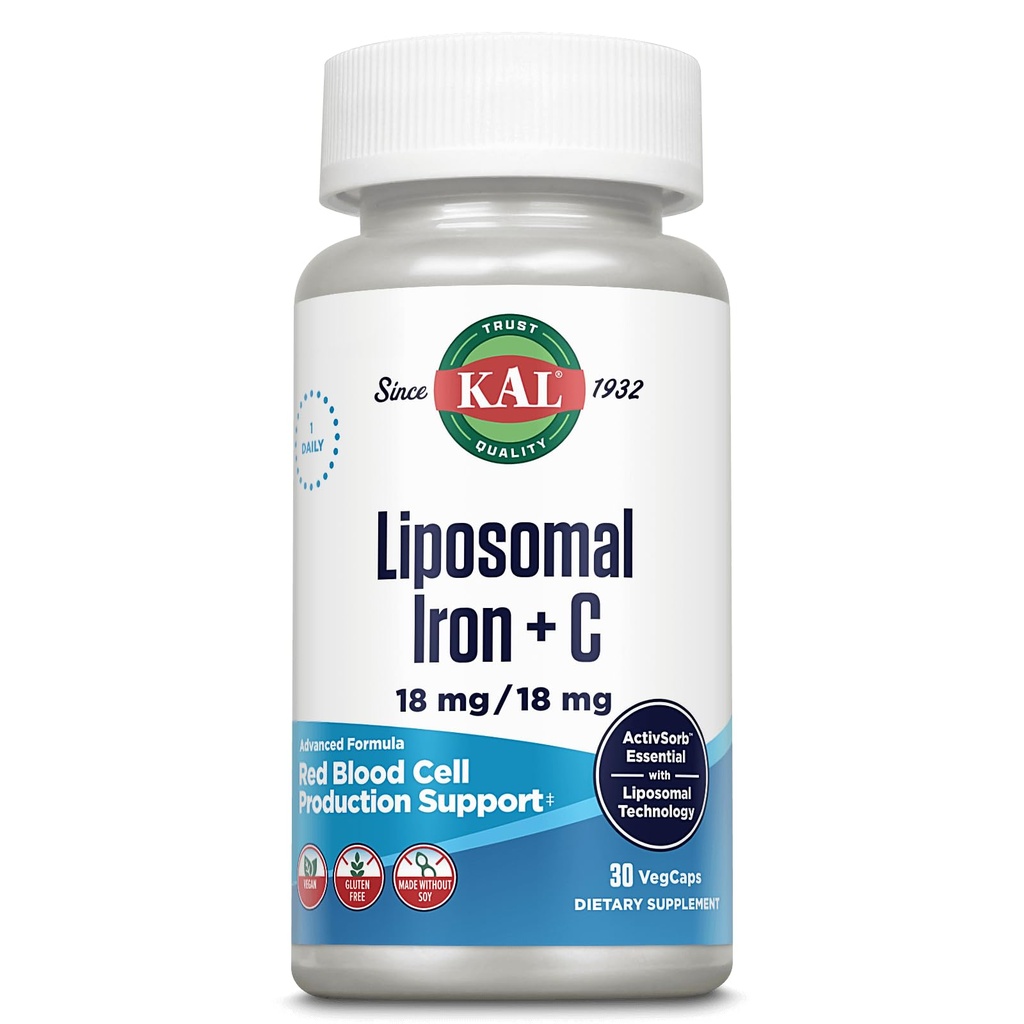 KAL Liposomal 铁辅以 Liposomal 维生素 C, 铁辅以女性和男性, 高吸收, Gentle 铁丸, Vegan, Gluten Free, 30 services, 30 Veg Caps
