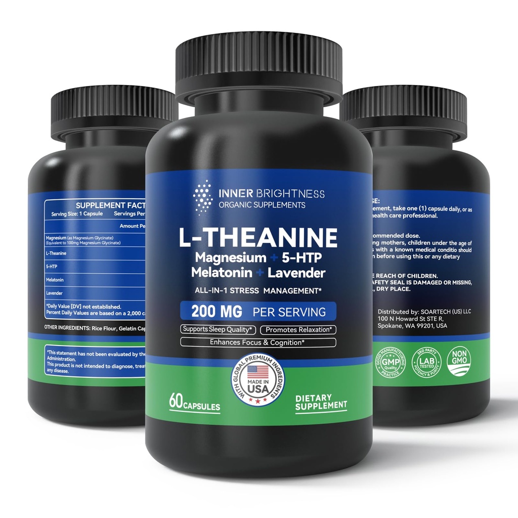 L Theanine 200mg, Magnesium, 5-HTP & Melatonin – All-in-1 L-Theanine 压力缓解,焦点与认知,睡眠 - 60 Capsules