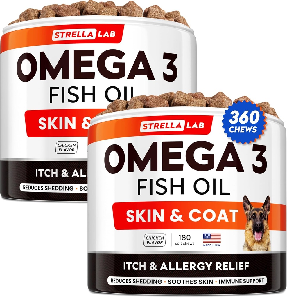 STRELALAB Omega 3 for Dogs - (360Ct) 鱼油处理 - 过敏和Itch Relief 皮肤和煤炭补充 - 干痒皮肤,抗 Sheding & Hot Spots 处理 - 宠物沙门 油炸 - 鸡肉