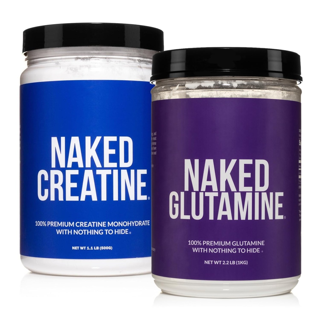 Naked Pure Micronized Creatine Monohydrate 100 services + 200 services Pure L-Glutamine Bundle: Vegan, Non-GMO, Gluten Free. 最小肌肉破裂和改进蛋白合成. 没有人工的