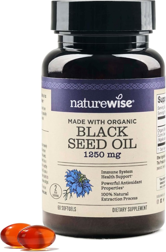 NatureWise 黑色种子油软胶 1250 mg - 100%有机冷压奈杰拉·萨蒂瓦 - Omega 3 6 9 - 抗氧化剂免疫支持,头发和皮肤 - Non-GMO, Gluten-Free - 60 Softgels [1-Month Supply]