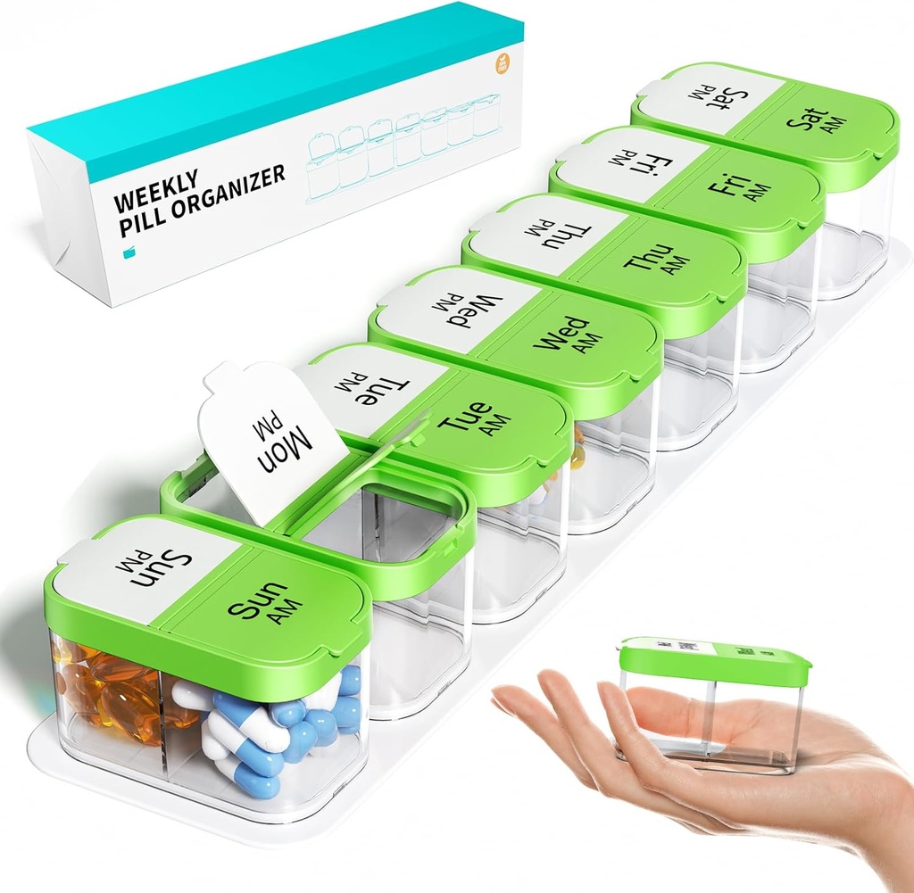 Odaro Extra Great Weekly Pill 组织者 2 Times A Day, Pill Box 7 Day Am Pm hold Daily Medical Vitamin and Supplies - 绿色